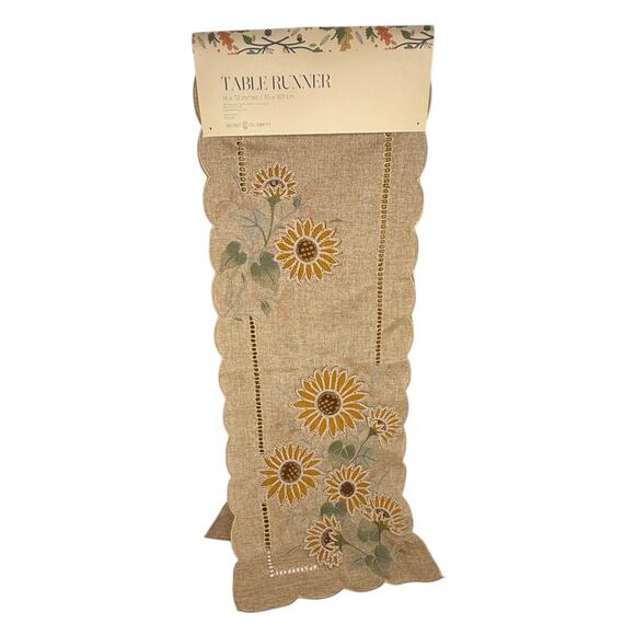 Secret Celebrity SUNFLOWER TABLE RUNNER 72” Embroidered Flower Natural Linen NWT - Picture 6 of 7